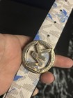 Michael Kors Women   s Size Xl Reversible Belt Round Gold Mk Buckle Floral Logo