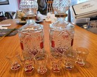 Vintage Liquor Crystal Decanters With Six Shot Glasses Cranberry Accents 