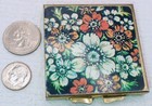 Vintage 1960s  Brass Tone Square Floral Enamel Pill  Case   Box Clean Interior
