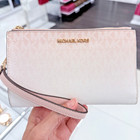 Michael Kors Jet Set Travel Double Zip Wristlet Wallet Mk Logo Pink Powder Blush
