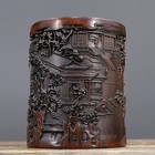 Antique Chinese Old Bamboo Carved Scenery Brush Pot Collection Office Supplies