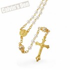 White Faux Pearl Bead Rosary Necklace St  Benedict Medal Crucifix Cross Gift