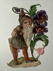 1883 German Gnome Die Cut Purple Pansies Elf Pixie Victorian Antique Beard