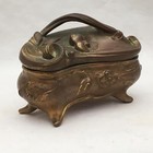 Antique Footed Art Nouveau Gold Small Jewelry   Trinket Box Repousse Flowers