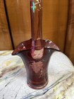 Vintage Antique Ruby Red Handled Glass Etched Basket Vase
