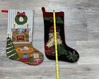 Vtg Lot Of 2 Needlepoint Christmas Stocking Old World Santa   Cat Fireplace