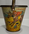 Antique Victorian Tin Litho Sand Pail Bucket Lid Children At Beach Very Detailed