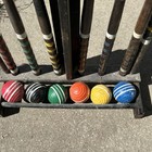 Vtg Wood Croquet Set 6 Mallets 6 Balls 2 Stakes Wooden Stand Lawn Game Decor