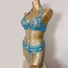 Sequins Beaded Carnival Samba Rave Edc Belly Dance Costume Bra Belt Turquoise