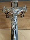 Antique Cast Metal Casket Crucifix Silver Inri Coffin Plaque 4x7 C b Mfg  119 