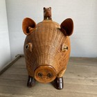  Chinese Wood wicker Pig Tea Box   Vntg    325-288