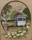 Vintage Embroidery Crewel Gazebo Birch Tree Daisies Birds 1981 Landscape 12x21