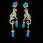 Vintage Gold Leopard Clip On Earrings Turquoise Drop Statement Long Dangle