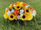 Cemetery Memorial Headstone Saddle Silk Flower Arrangement Redish Yellow