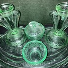 Vtg  Art Deco Dressing Table Set Green Glass Vanity Bagley Glass  rutland  3078