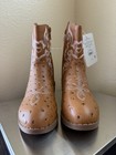 Nwt Pawz Girls Sz 12 Faux Ostrich Cowgirl Boots Brown Pink Heart Stitch Western