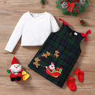 Toddler Baby Girl Christmas Plaid Outfits Basic T-shirt Tops Overall Dress Set