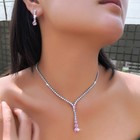 Women Stylish Long Drop Necklace And Earrings Silver Plated Round Cz Jewelry Set