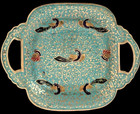 Vintage Enamel Brass Decorative Trinket Dish Peacock Print W handles