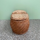 Rare Vtg Oval Woven Wicker Rattan Utility Sewing Basket Dual Hinged Lids