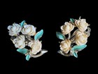 Vintage 1950s Cream Rose   Mint Enamel Leaf Necklace   Clip-on Earring Set