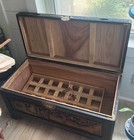 Carved Chinese Wood Storage Chest Trunk Hinged Lid Brass Lock Hasp Black Brown