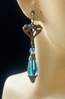 Art Nouveau Earrings Brass Filigrees W  Antique Aqua Blue Czech Glass Drops