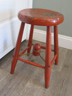 Primitive Red Painted Distressed Wood Stool Antique W  Finial   Metal Brace
