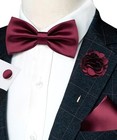  Solid Color Bow Tie And Pocket Square With Lapel Pin Cufflinks Set Burgundy