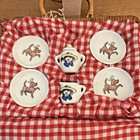 90s Vintage Madeline Play Tea Set Wicker Basket W  Teapot  Cups  Plates  Etc