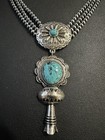 Native American Style Squash Blossom Necklace Faux Turquoise Silver Tone Pendant