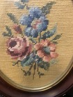 Vintage Framed Oval Needlepoint Wool Crewel Embroidery Florals Roses Cottagecore