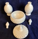Vintage Fenton Art Glass White Hobnail Powder Jar   Perfume Bottles Vanity Set