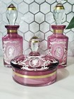 Vintage Bohemia Hand Painted Cranberry Glass Perfume And Powder Vanity Set