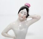 Antique German Porcelain Woman Pin Cushion Nude Half Doll With Black Hair