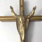 Vintage Mcm Wooden Wall Hanging Crucifix Cross Brass  Metal Jesus Catholic 10 h