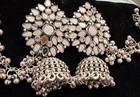 East Indian Ethnic Silver Jewelry Set Necklace Earrings Floral Design Women