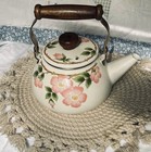 Vintage Villeroy   Boch Wild Rose Enamel Metal Tea Kettle Pink Roses Wood Handle