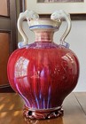 Rare 11    Chinese Porcelain Oxblood Flamb   Blue Glaze Vase Dbl Serpent Handles