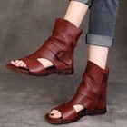 Women Summer Peep Toe Leather Ankle Boots Flat Heel Gladiators Roman Shoe Sandal
