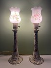 Pair Vtg Mcm Porcelain  Boudoir Lamps Pink Roses Gold Trim With Glass Shades
