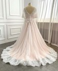 Plus Size Pink Wedding Dresses Half Sleeves V Neck Lace Appliques Bridal Gowns