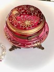 Antique Czech Glass Dresser Box-footed-large Hinged Cranberry Powder Jar