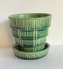 Vtg Mccoy Usa Pottery Green Basket Weave Planter Flower Pot Attached Saucer Mcm