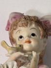 Vintage Lefton Porcelain Figurine Of A Girl In A Pink Dress Holding A Bird Japan