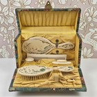 Antique Victorian Vanity Dresser Set Floral Brush Mirror Comb Trinket Box