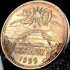  beautiful  Authentic Mexico 20 Centavos  950  95   Copper Coin  cap And Rays  