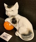 Ceramic Cat Figurine With Orange Ball Vintage Japan