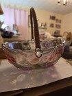 Vintage Indiana Glass Fruit Bowl Wicker Rattan Handle Iridescent Oval