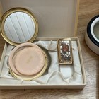 Vintage Vanity Set Powder Compact Mirror   Puff W  Matching Lipstick Case Boxed